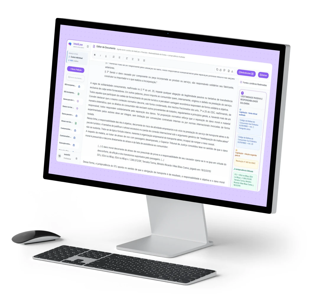 Interface da InteliLaw mostrando uma petição estruturada com fontes rastreáveis por capítulo